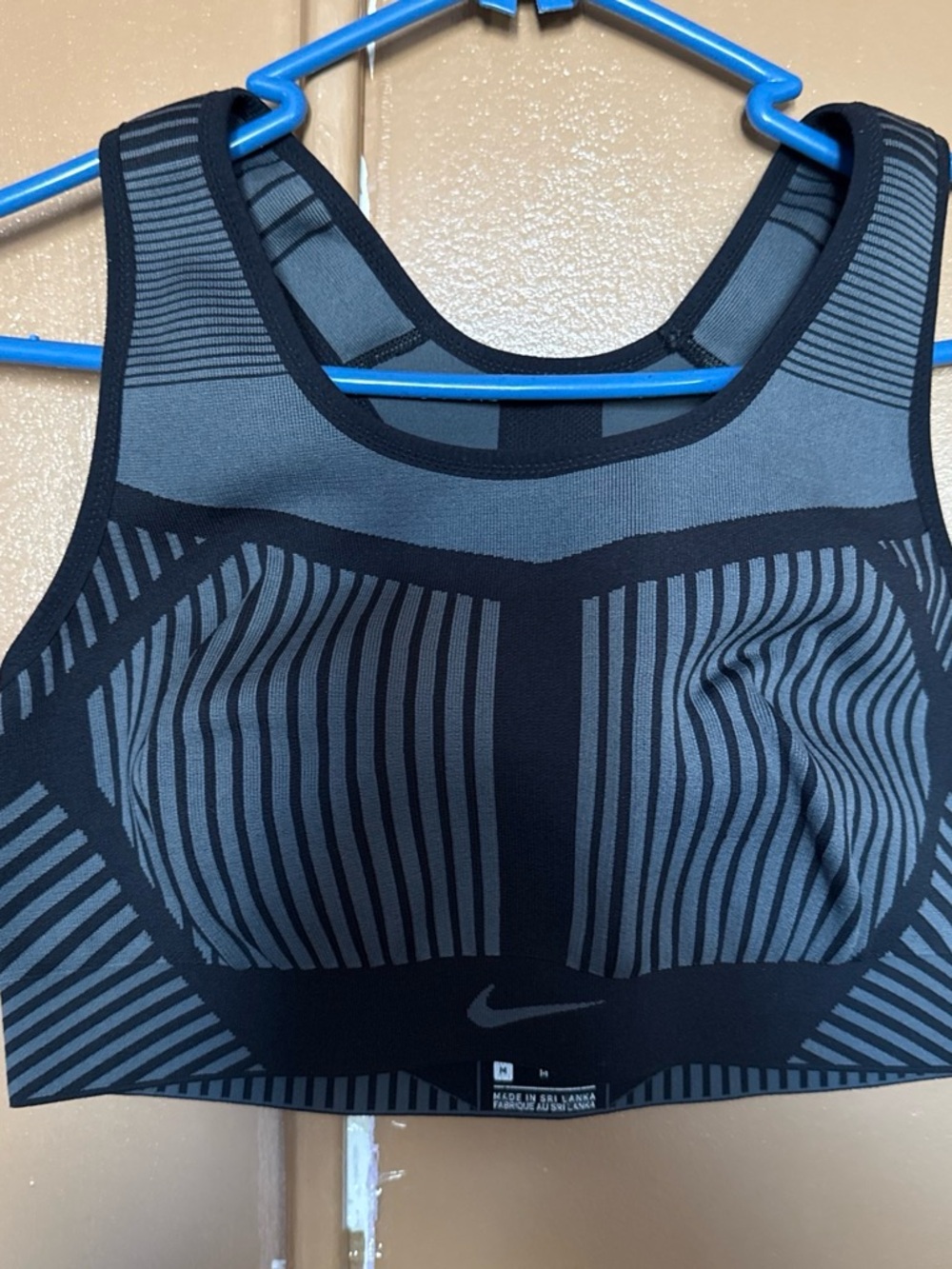 Nike Black and Gray Striped High-Neck Swim Top